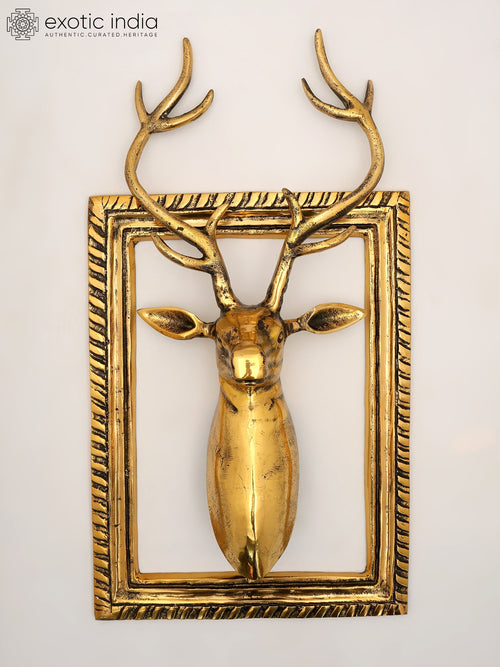 19" Brass Deer Wall Hanging Statue with Frame for Home Decor