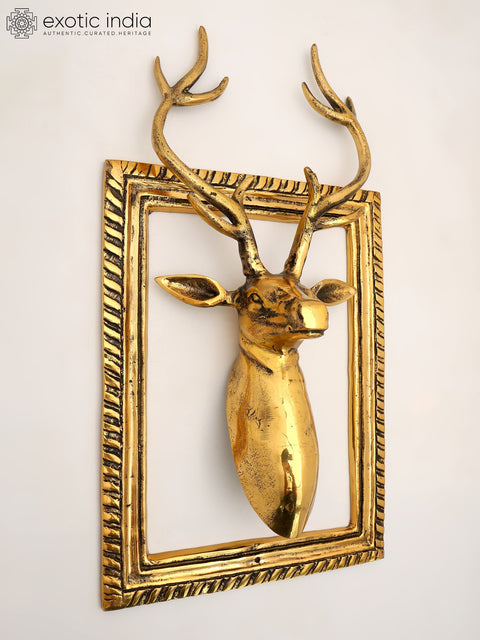 19" Decorative Deer Statue in Brass with Frame | Wall Hanging | Home Decor