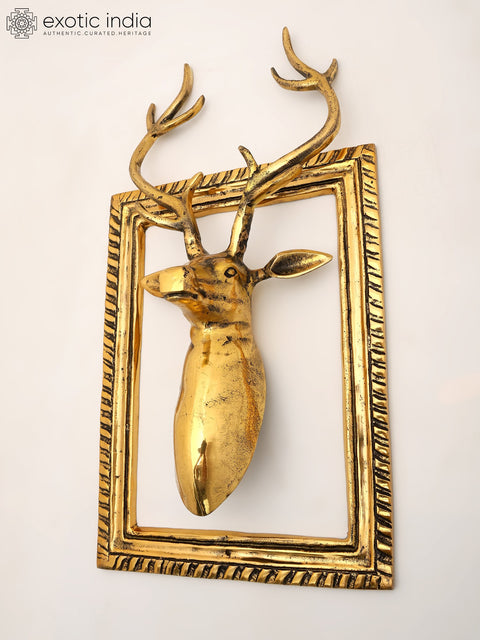 19" Decorative Deer Statue in Brass with Frame | Wall Hanging | Home Decor