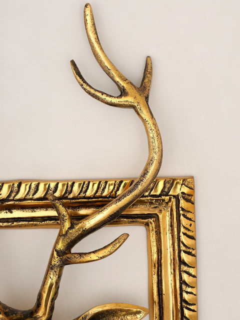 19" Decorative Deer Statue in Brass with Frame | Wall Hanging | Home Decor
