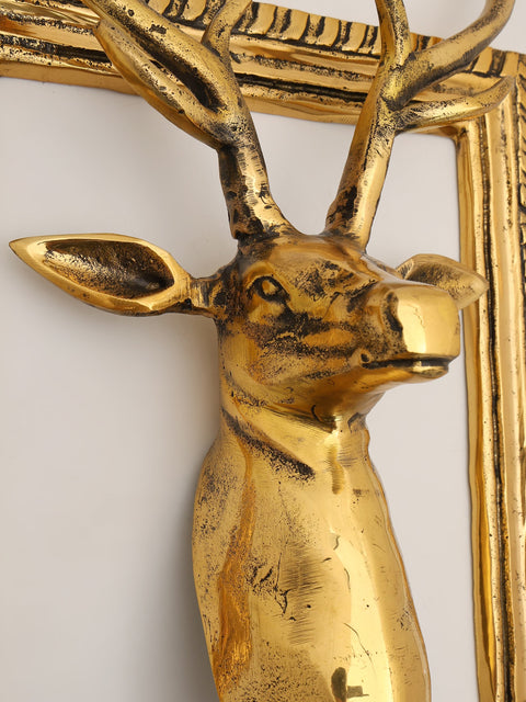 19" Decorative Deer Statue in Brass with Frame | Wall Hanging | Home Decor