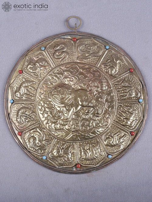 8" Brass Tibetan Lion Mandala Wall Hanging Handmade