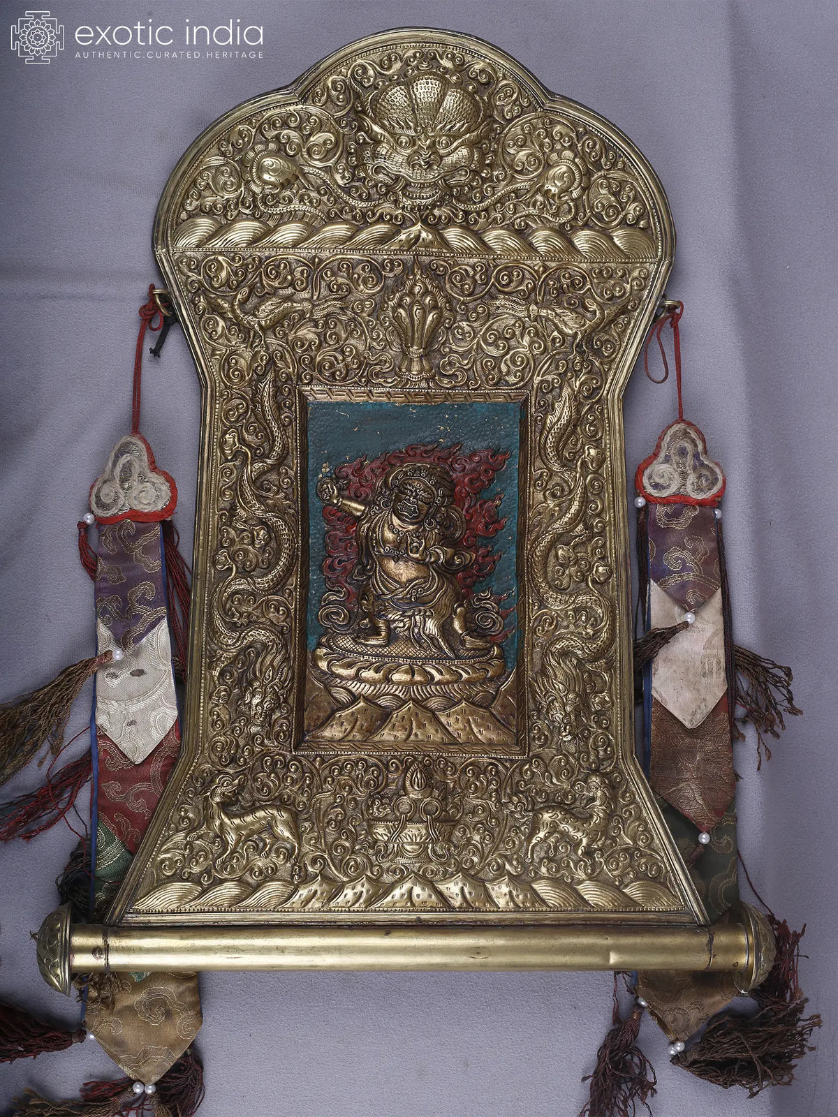 19" Brass Mahakala Wrathful Deity Thangka Wall Hanging Frame | Ritual Item