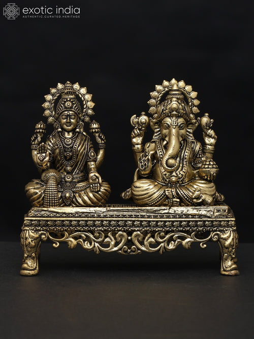 4" Brass Blessing Lakshmi Ganesha Pair Statue Handmade