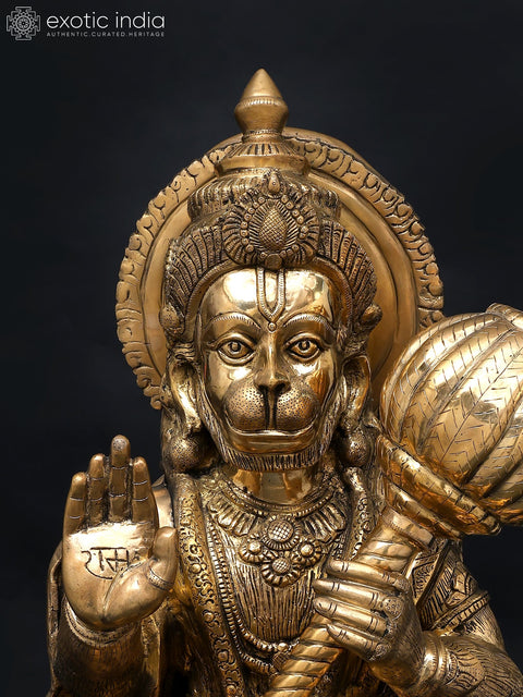 36" Large Sitting Lord Hanuman in Blessing Gesture | Brass Statue