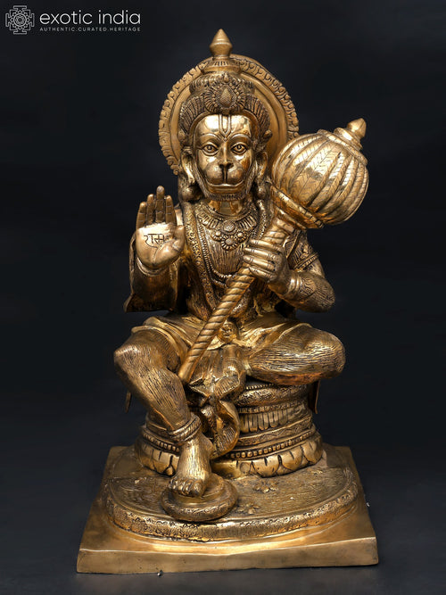 36" Large Sitting Hanuman Brass Statue in Blessing Gesture