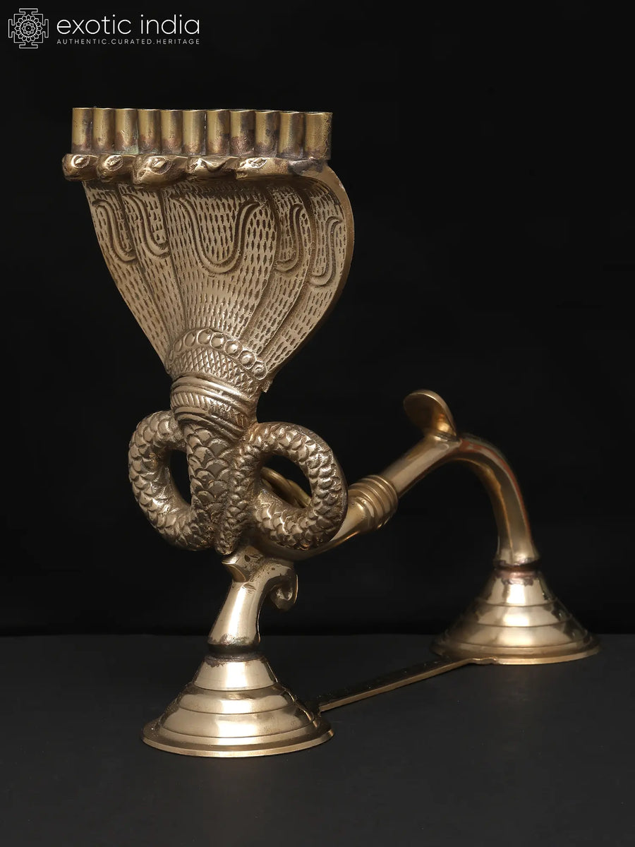Brass Five-Hooded Serpent Shodash Upachara Oil Lamp for Pooja