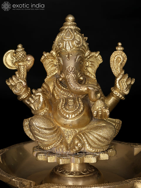 7" Five Wicks Ganesha Lamp in Brass
