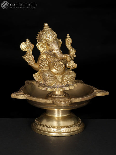 7" Five Wicks Ganesha Lamp in Brass