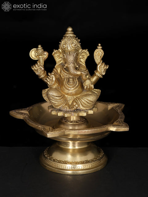 7" Five Wicks Ganesha Lamp in Brass