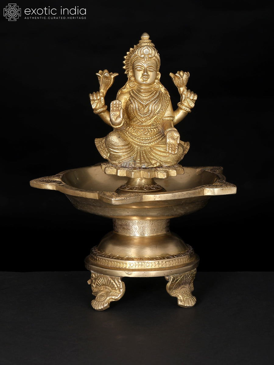 8" Goddess Lakshmi Five Wick Brass Lamp for Pooja