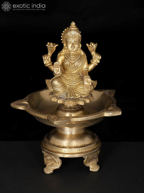 8" Five Wicks Goddess Lakshmi Lamp in Brass