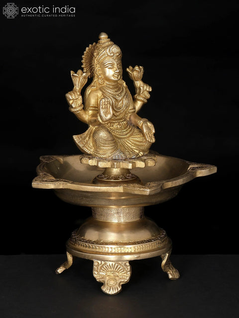 8" Five Wicks Goddess Lakshmi Lamp in Brass