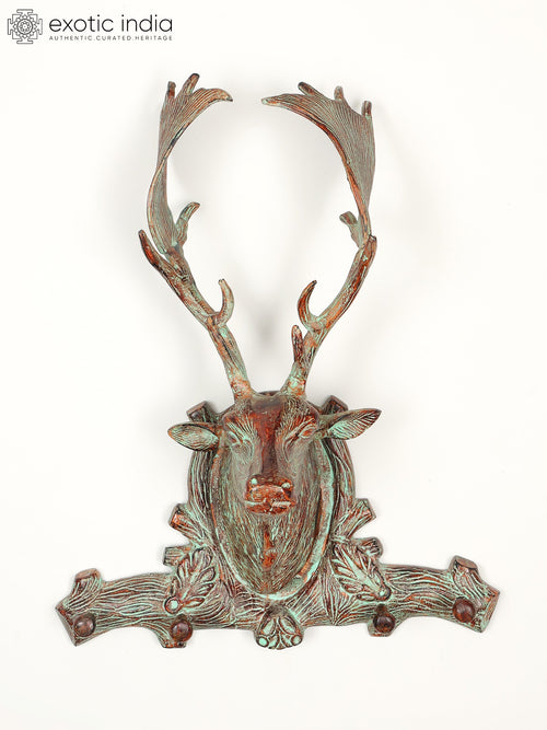 22" Brass Deer Head Wall Hanging with Hooks Home Decor