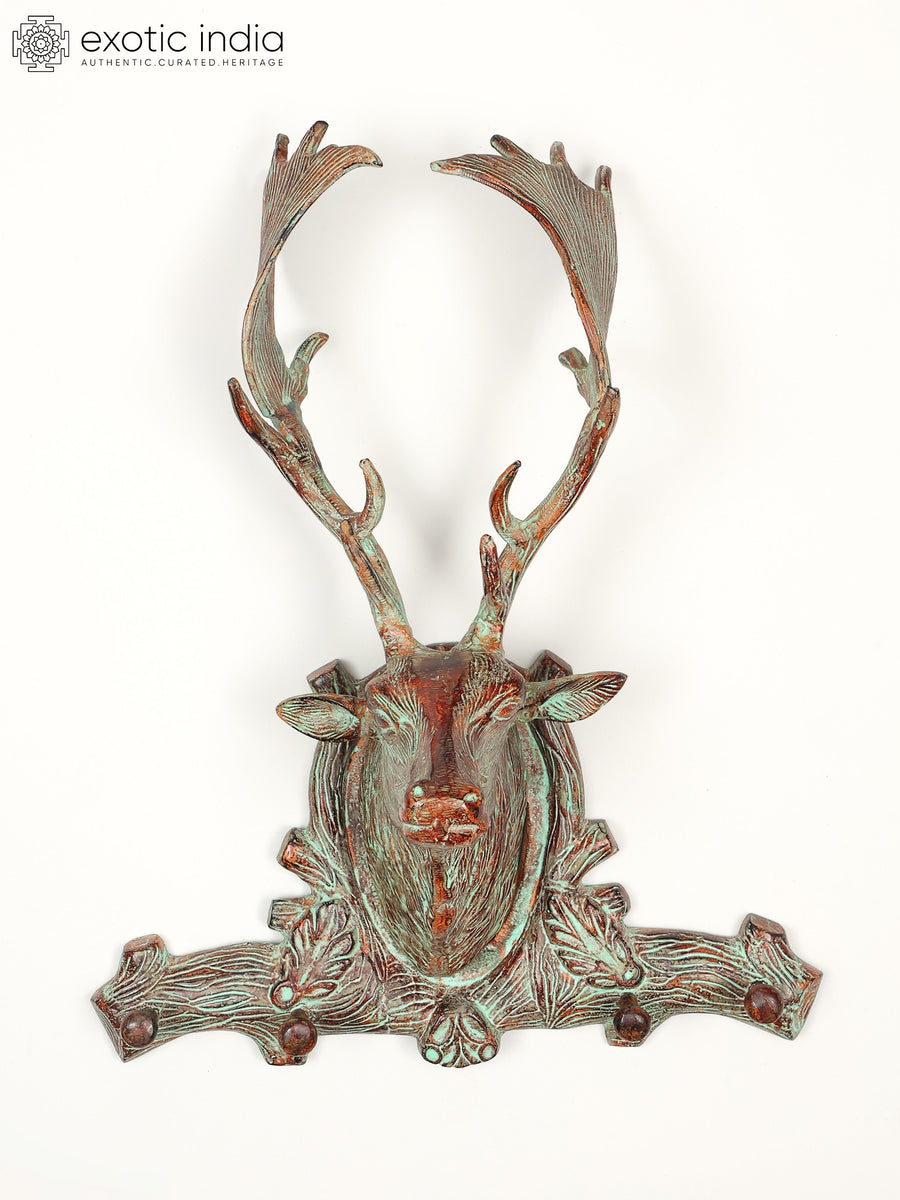 22" Brass Deer Head Wall Hanging with Hooks Home Decor