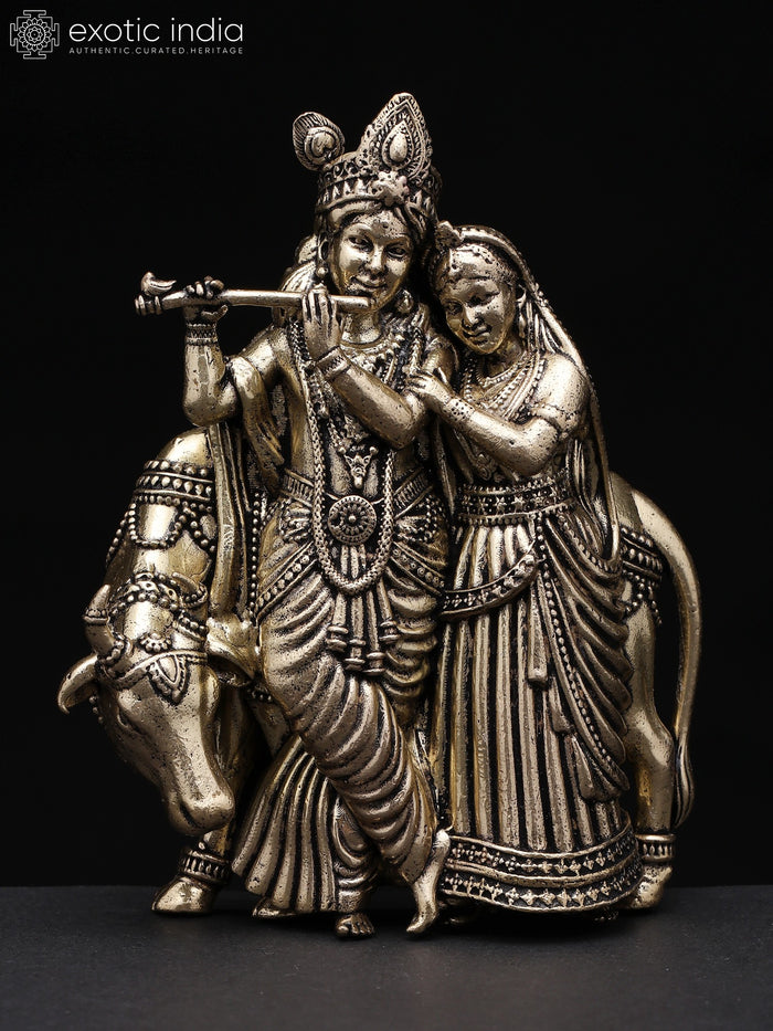 4" Radha Krishna with Cow Brass Wall Hanging Statue