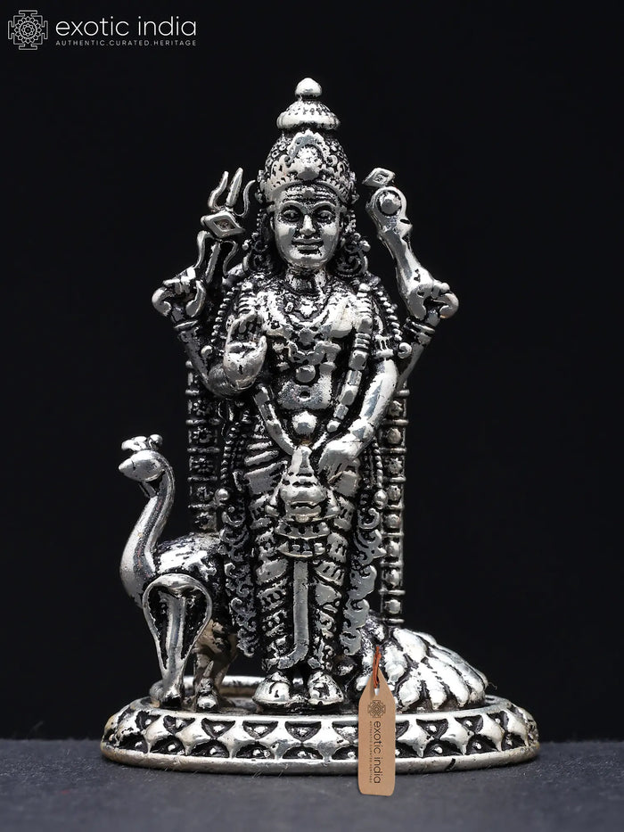 Small Standing Lord Kartikeya Murugan with Peacock Brass Statue