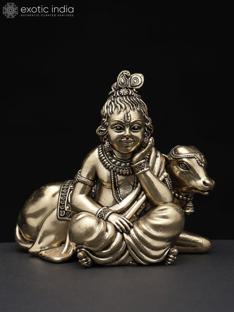 Small Superfine Bal Gopal (Krishna) with Cow | Brass Statue | Multiple Sizes