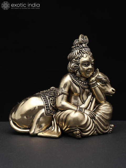 Small Superfine Bal Gopal (Krishna) with Cow | Brass Statue | Multiple Sizes