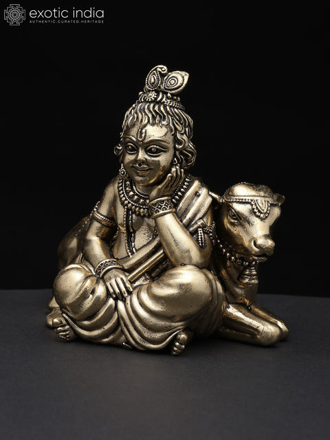 Small Superfine Bal Gopal (Krishna) with Cow | Brass Statue | Multiple Sizes