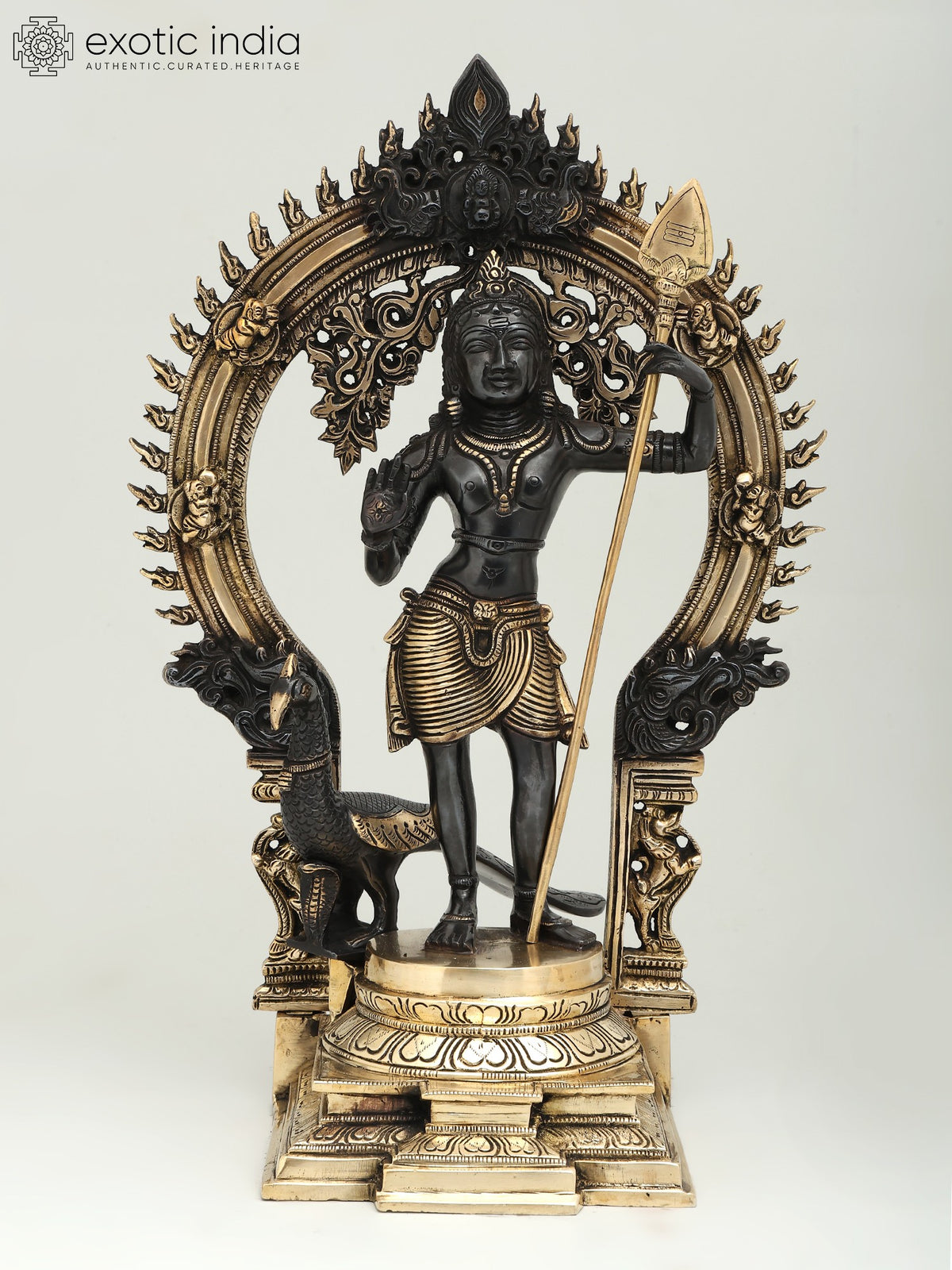 16" Standing Lord Murugan Brass Statue on Kirtimukha Throne