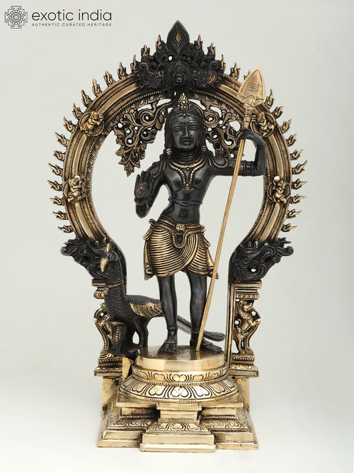 16" Standing Lord Murugan Brass Statue on Kirtimukha Throne