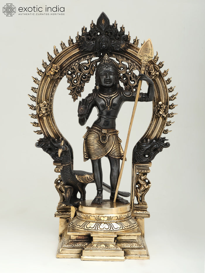 16" Standing Lord Murugan Brass Statue on Kirtimukha Throne