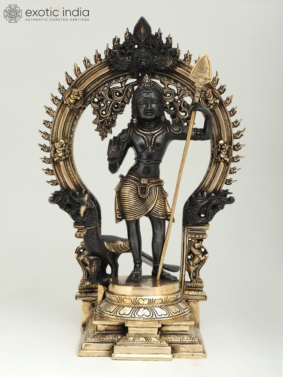 16" Standing Lord Murugan Brass Statue on Kirtimukha Throne