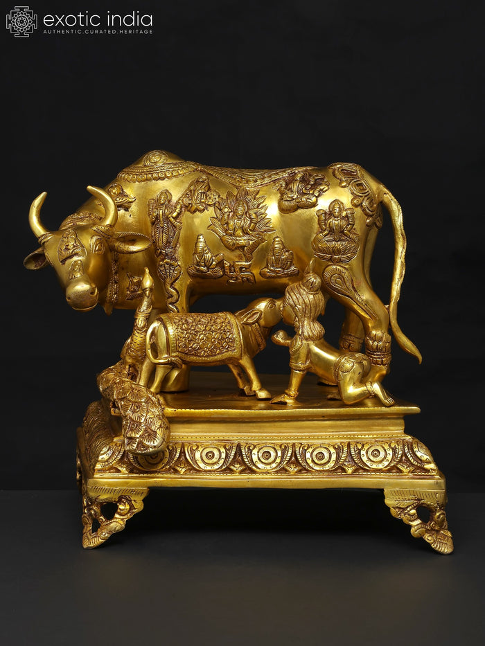 15" Brass Vastu Cow Calf Krishna Peacock Handmade Statue