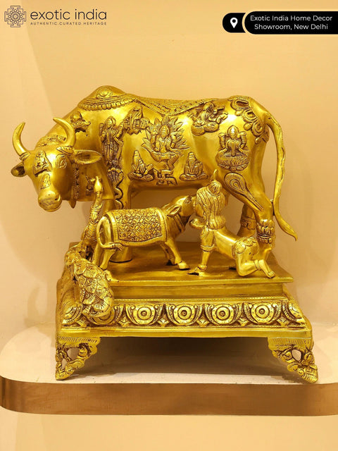 15" Brass Vastu Cow and Calf with Baby Krishna and Peacock | Brass Statue