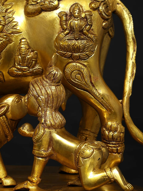 15" Brass Vastu Cow and Calf with Baby Krishna and Peacock | Brass Statue