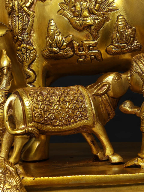 15" Brass Vastu Cow and Calf with Baby Krishna and Peacock | Brass Statue
