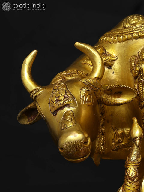 15" Brass Vastu Cow and Calf with Baby Krishna and Peacock | Brass Statue
