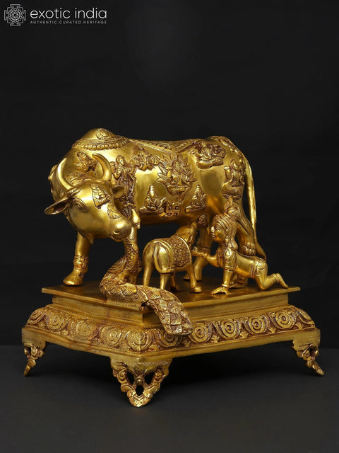 15" Brass Vastu Cow and Calf with Baby Krishna and Peacock | Brass Statue