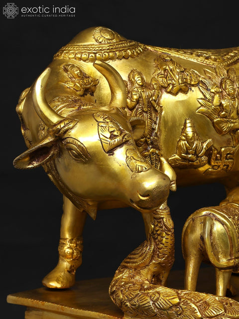 15" Brass Vastu Cow and Calf with Baby Krishna and Peacock | Brass Statue