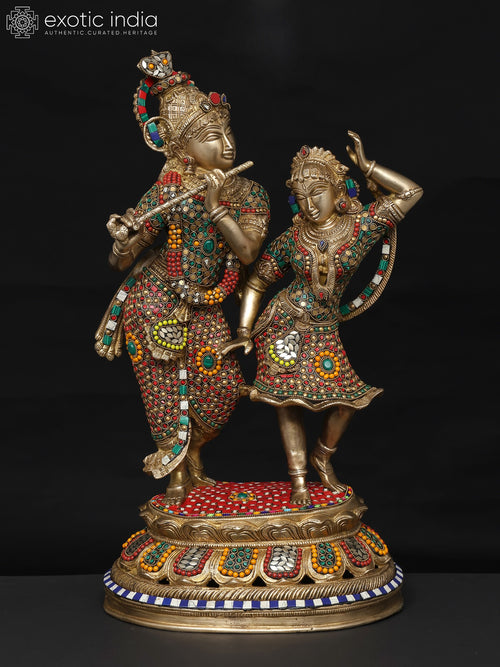 23" Lord Krishna with Radha Brass Statue Handmade Inlay Work