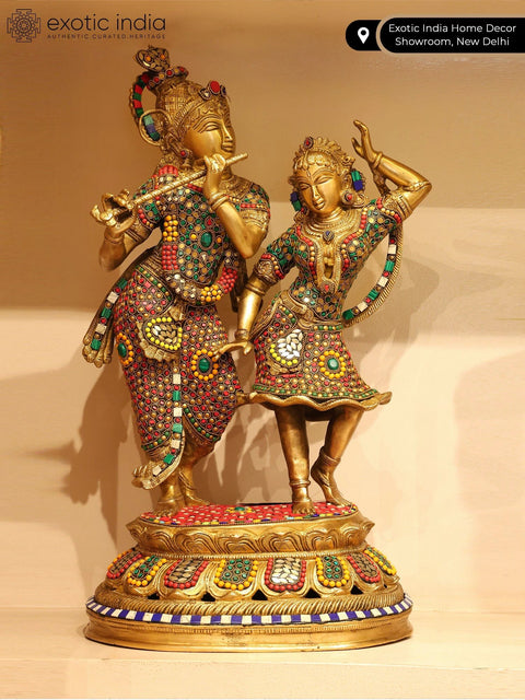 23" Fluting Lord Krishna with Goddess Radha | Brass Statue with Inlay Work