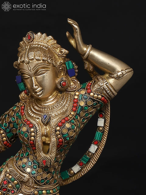 23" Fluting Lord Krishna with Goddess Radha | Brass Statue with Inlay Work