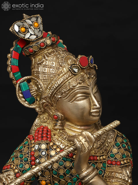 23" Fluting Lord Krishna with Goddess Radha | Brass Statue with Inlay Work