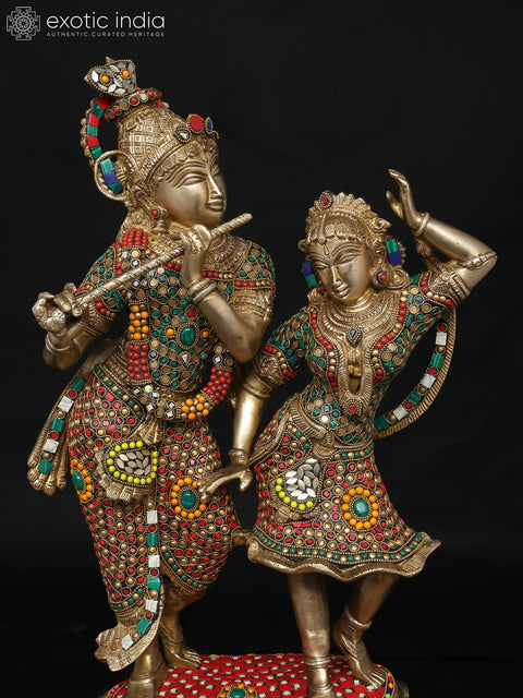 23" Fluting Lord Krishna with Goddess Radha | Brass Statue with Inlay Work