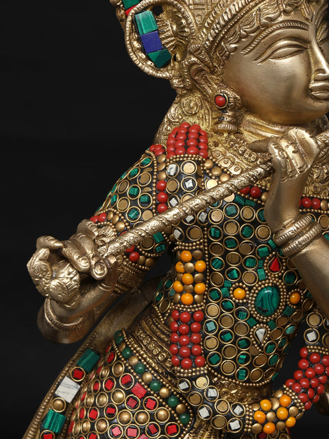 23" Fluting Lord Krishna with Goddess Radha | Brass Statue with Inlay Work
