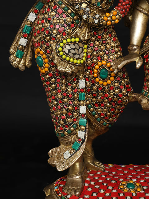 23" Fluting Lord Krishna with Goddess Radha | Brass Statue with Inlay Work