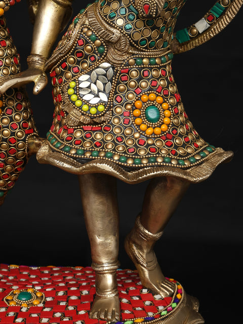 23" Fluting Lord Krishna with Goddess Radha | Brass Statue with Inlay Work
