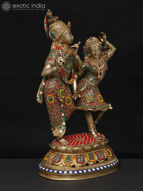 23" Fluting Lord Krishna with Goddess Radha | Brass Statue with Inlay Work