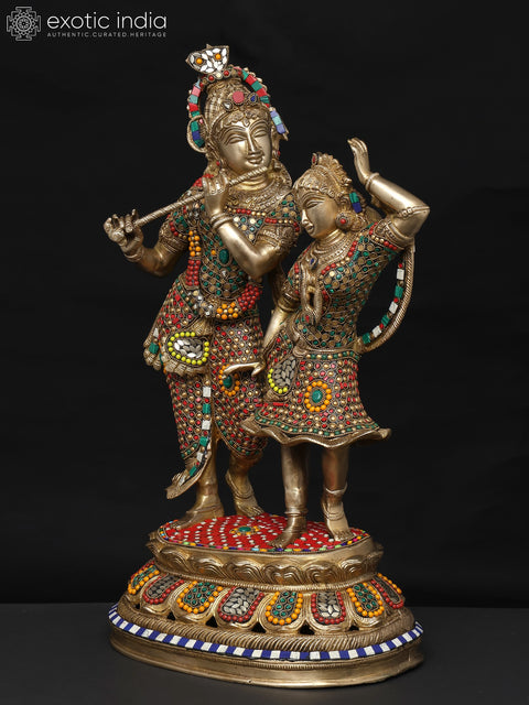 23" Fluting Lord Krishna with Goddess Radha | Brass Statue with Inlay Work