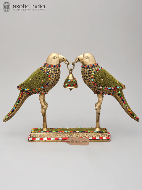 14" Decorative Pair of Parrots with Bell | Brass Statue with Inlay Work
