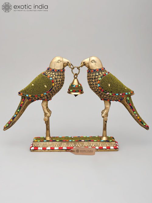 14" Brass Parrot Pair Statue with Bell and Inlay Work
