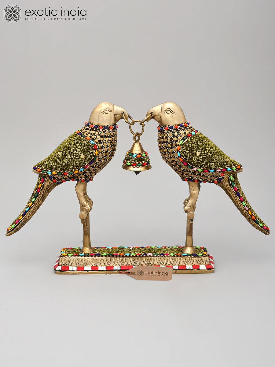 14" Brass Parrot Pair Statue with Bell and Inlay Work