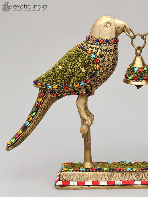 14" Decorative Pair of Parrots with Bell | Brass Statue with Inlay Work