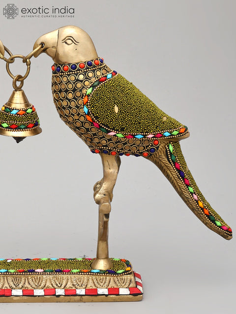 14" Decorative Pair of Parrots with Bell | Brass Statue with Inlay Work
